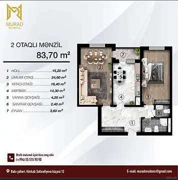 Satılır 2 otaqlı mənzil 84 m²