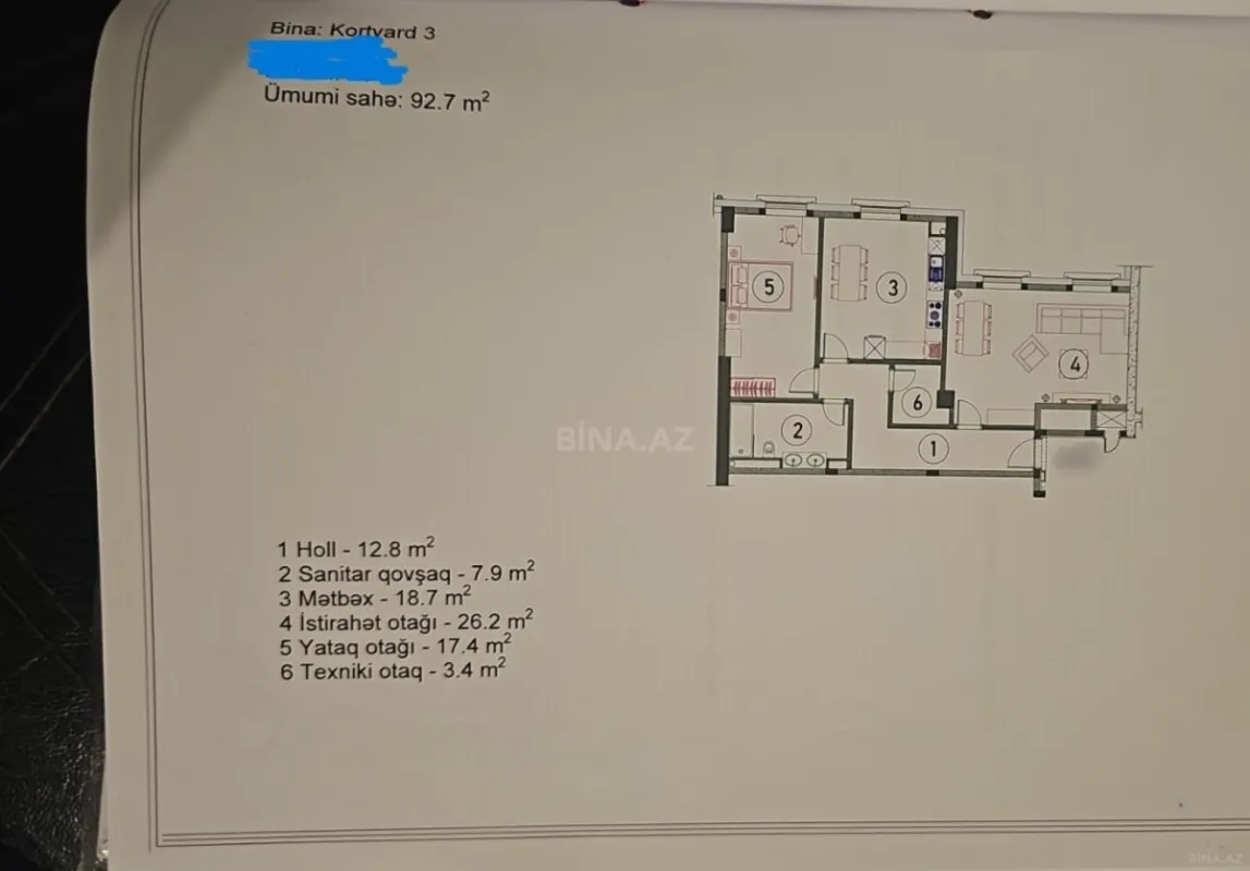 Satılır 3 otaqlı mənzil 92.7 m²