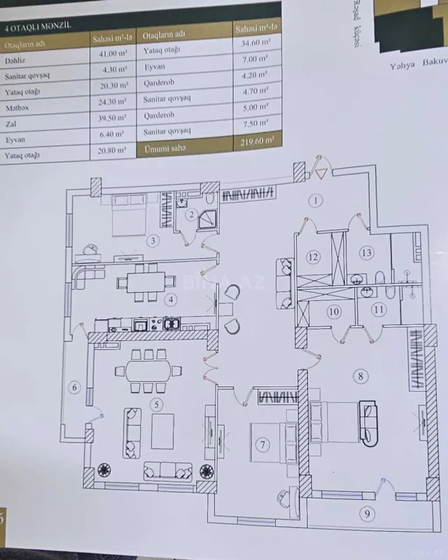 Satılır 4 otaqlı mənzil 219 m²