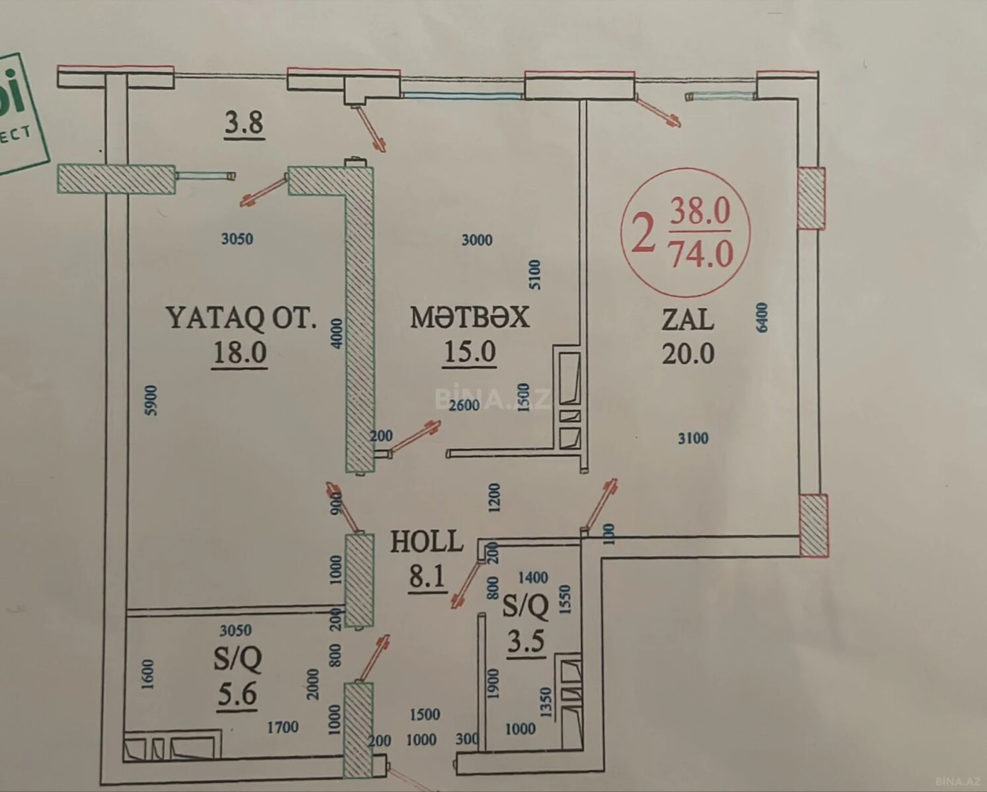 Satılır 2 otaqlı mənzil 76 m²