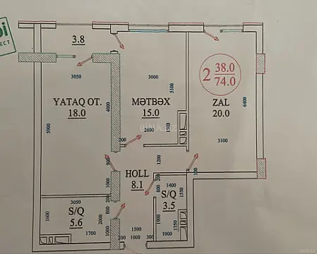 Satılır 2 otaqlı mənzil 76 m²