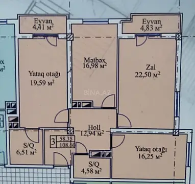 Satılır 3 otaqlı mənzil 108.6 m²