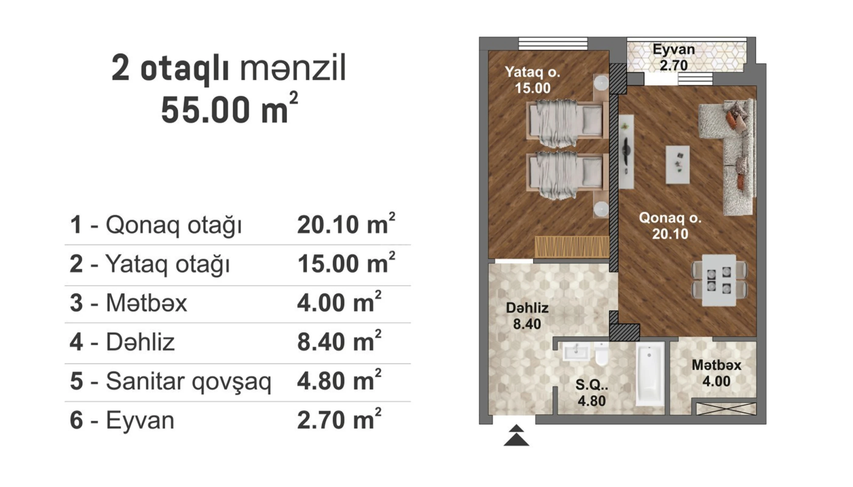 Satılır 1 otaqlı mənzil 55 m²