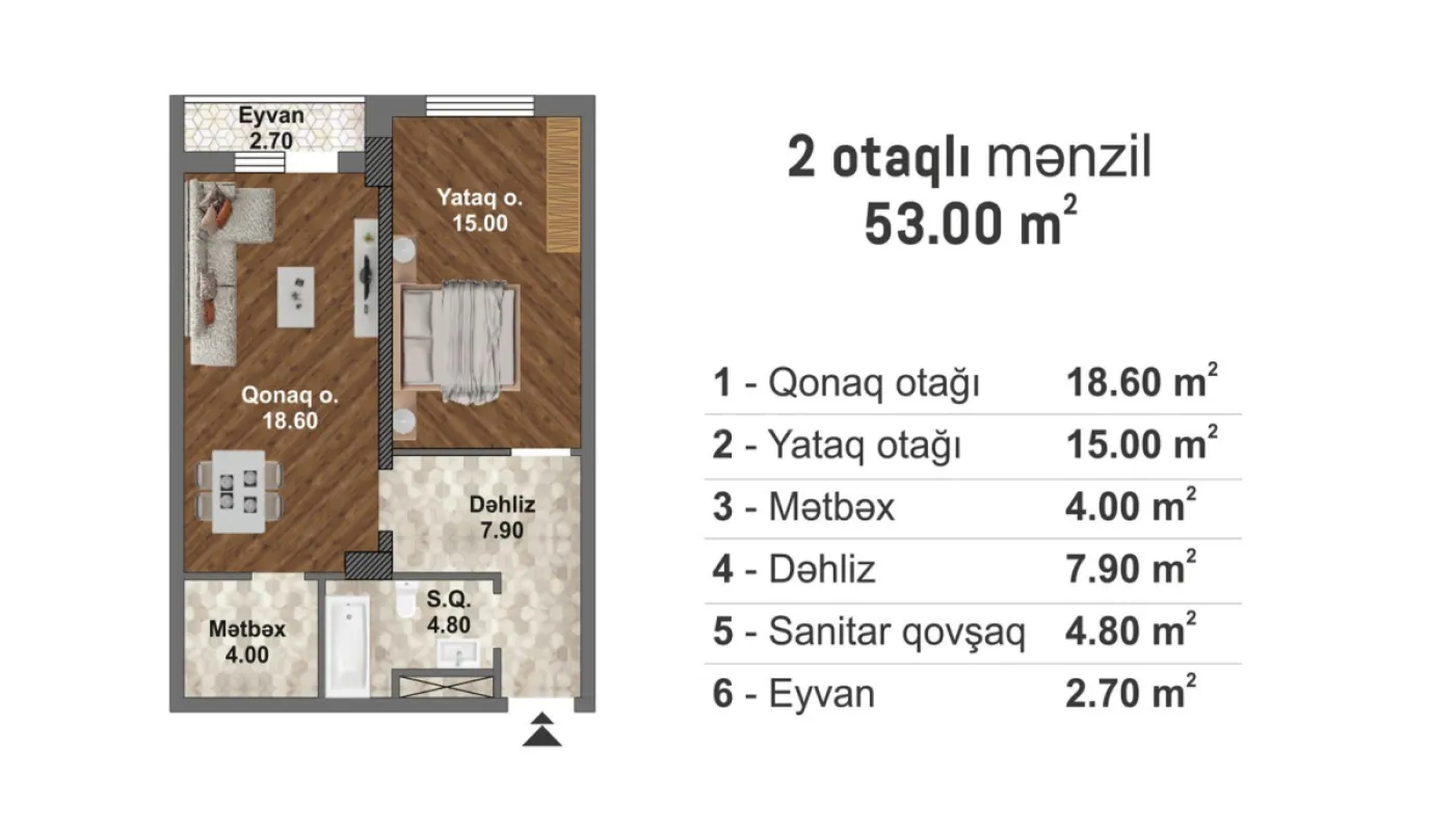 Satılır 1 otaqlı mənzil 53 m²