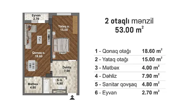 Satılır 1 otaqlı mənzil 53 m²