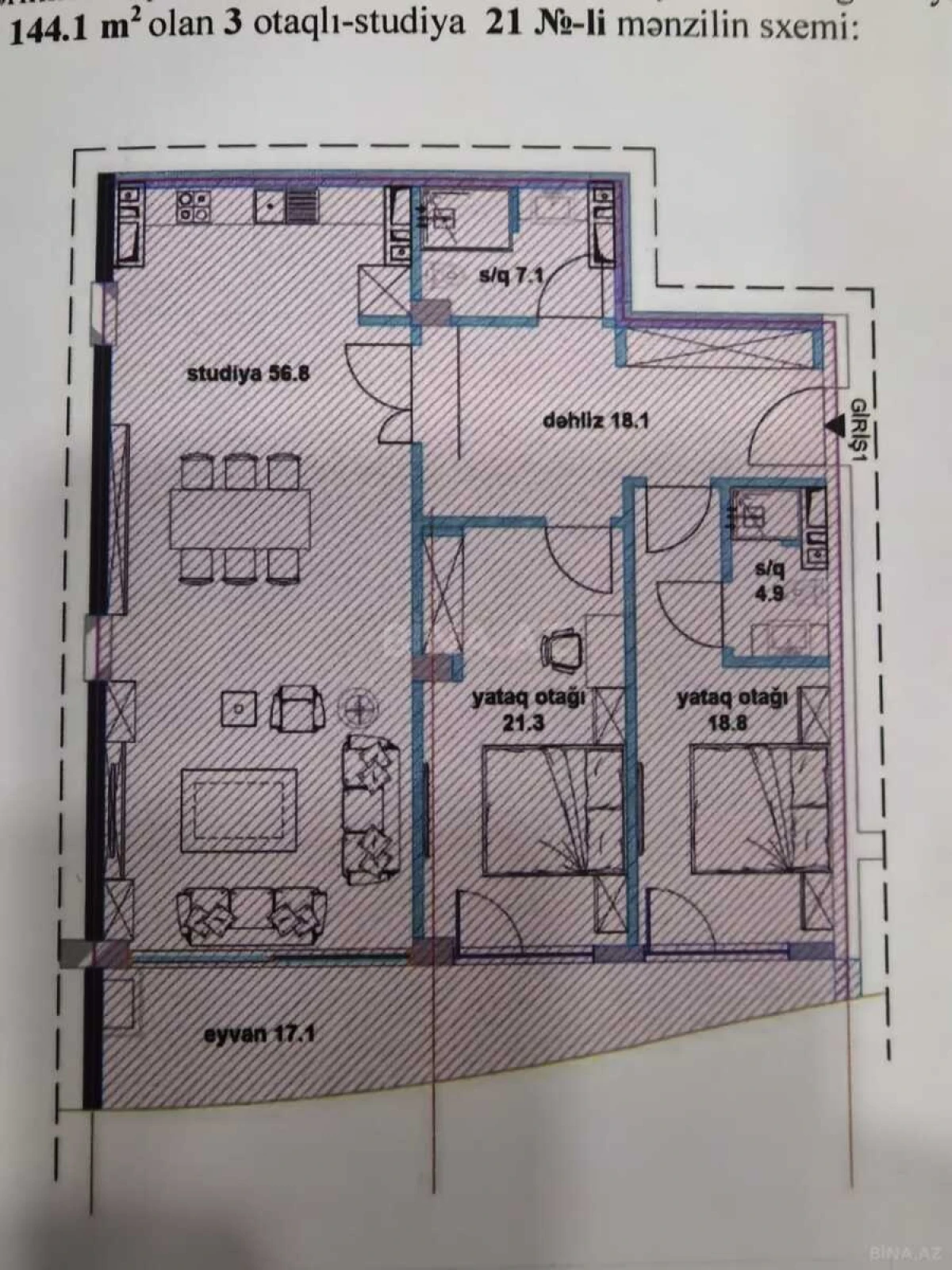 Satılır 3 otaqlı mənzil 144 m²