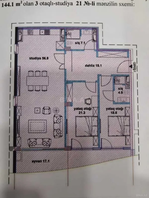 Satılır 3 otaqlı mənzil 144 m²
