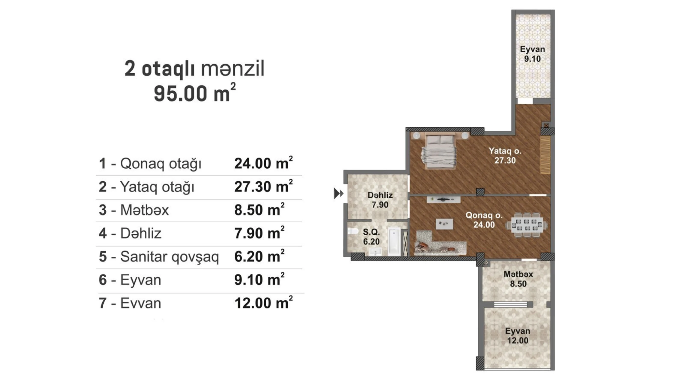 Satılır 2 otaqlı mənzil 95 m²