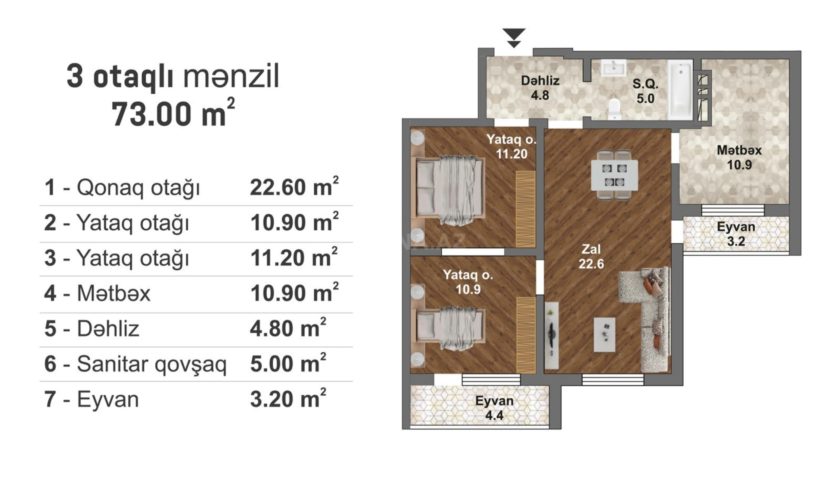 Satılır 3 otaqlı mənzil 73 m²