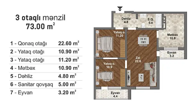 Satılır 3 otaqlı mənzil 73 m²