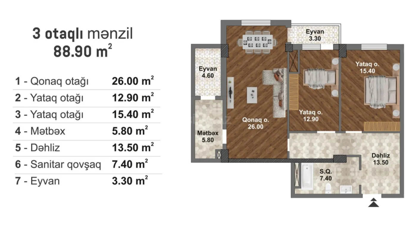 Satılır 3 otaqlı mənzil 88.9 m²