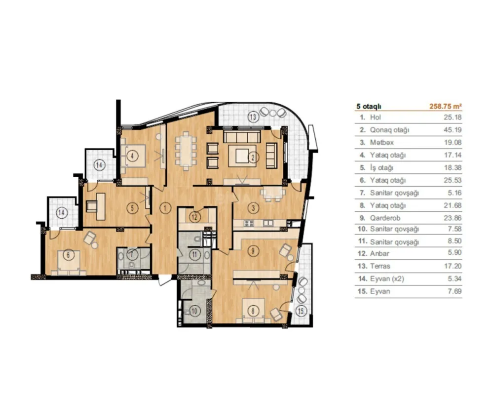 Satılır 5 otaqlı mənzil 258.8 m²