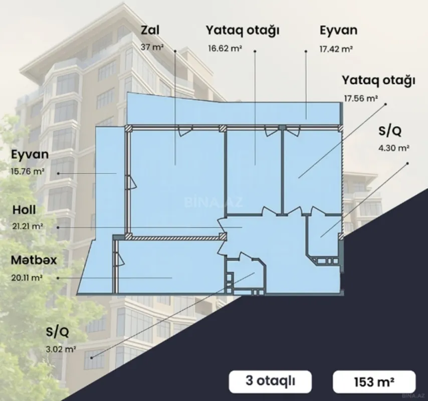 Satılır 3 otaqlı mənzil 153 m²