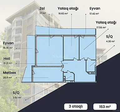 Satılır 3 otaqlı mənzil 153 m²