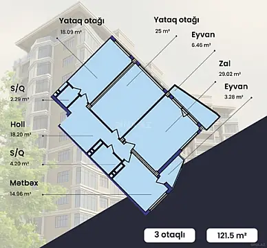 Satılır 3 otaqlı mənzil 121.5 m²