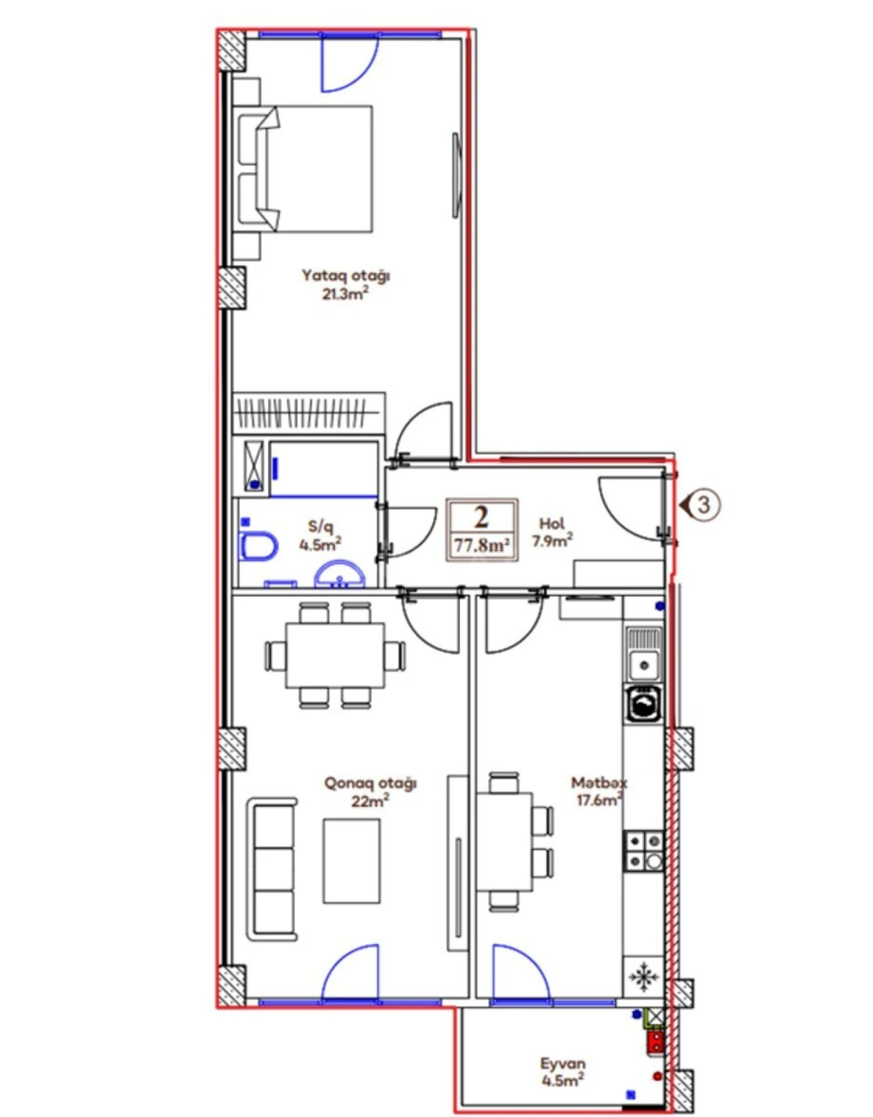 Satılır 2 otaqlı mənzil 77.8 m²