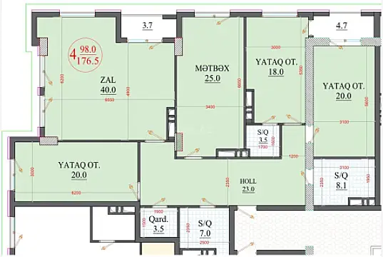 Satılır 4 otaqlı mənzil 177 m²
