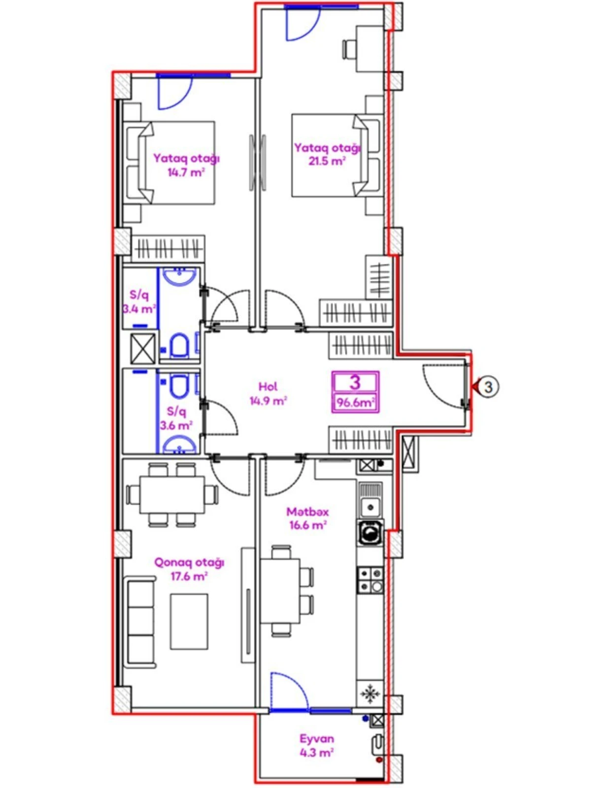 Satılır 3 otaqlı mənzil 96.6 m²