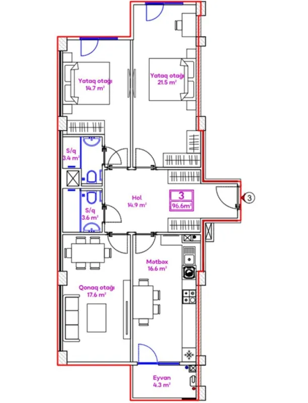 Satılır 3 otaqlı mənzil 96.6 m²