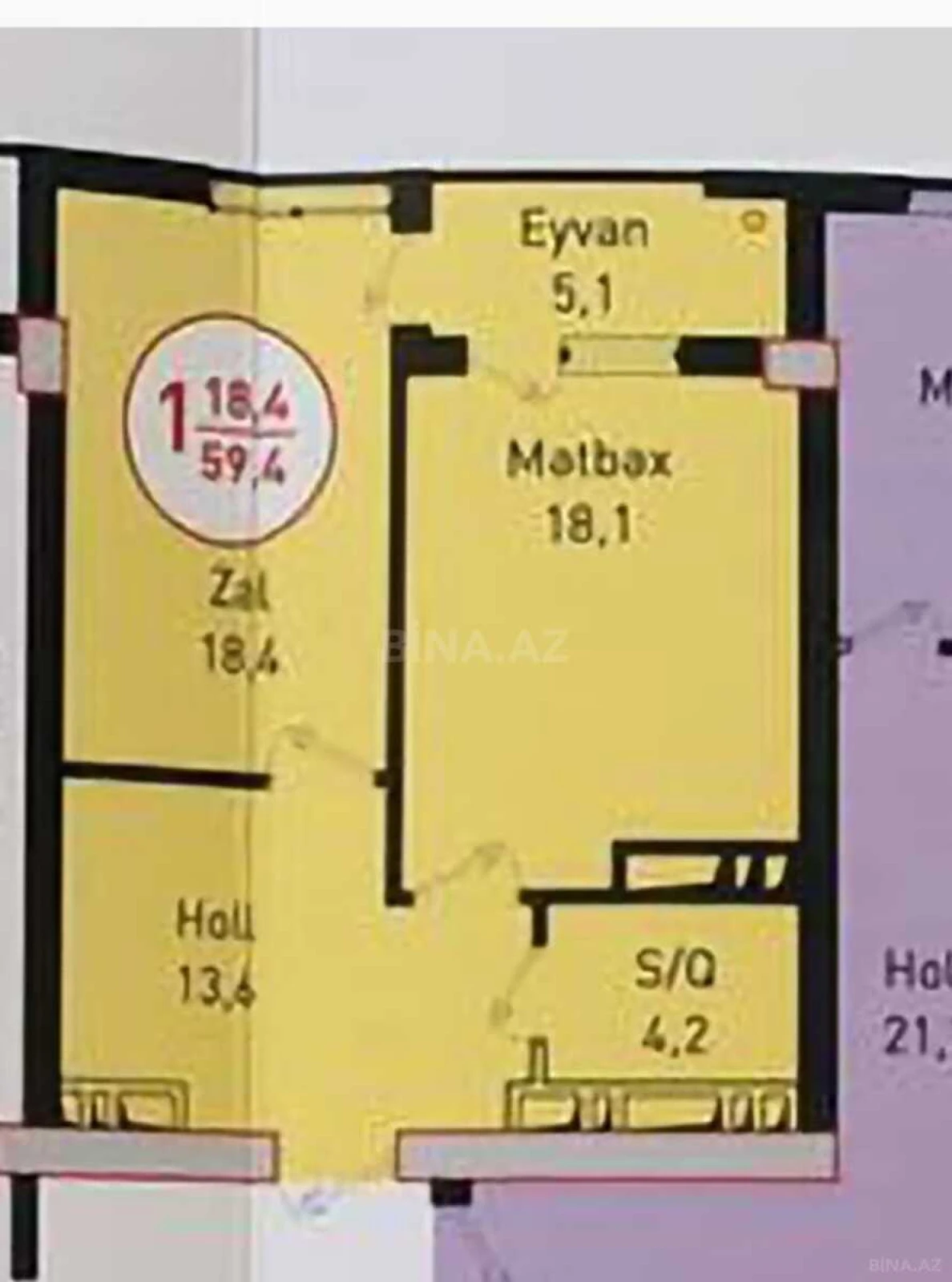 Satılır 1 otaqlı mənzil 60 m²