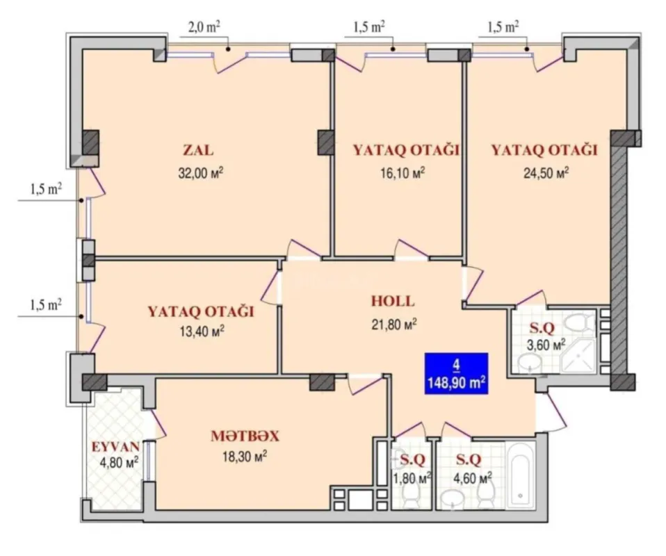 Satılır 4 otaqlı mənzil 149 m²