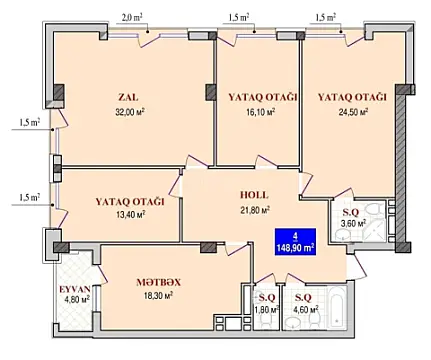 Satılır 4 otaqlı mənzil 149 m²