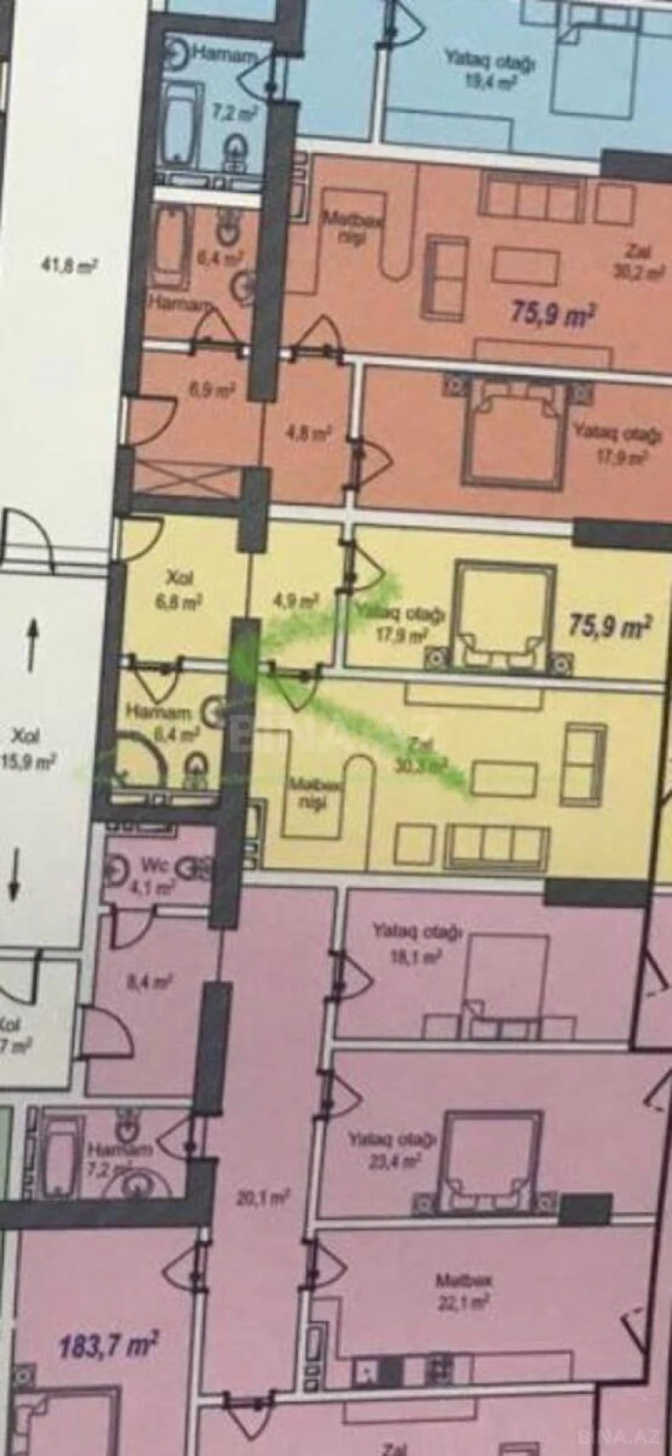 Satılır 2 otaqlı mənzil 76 m²