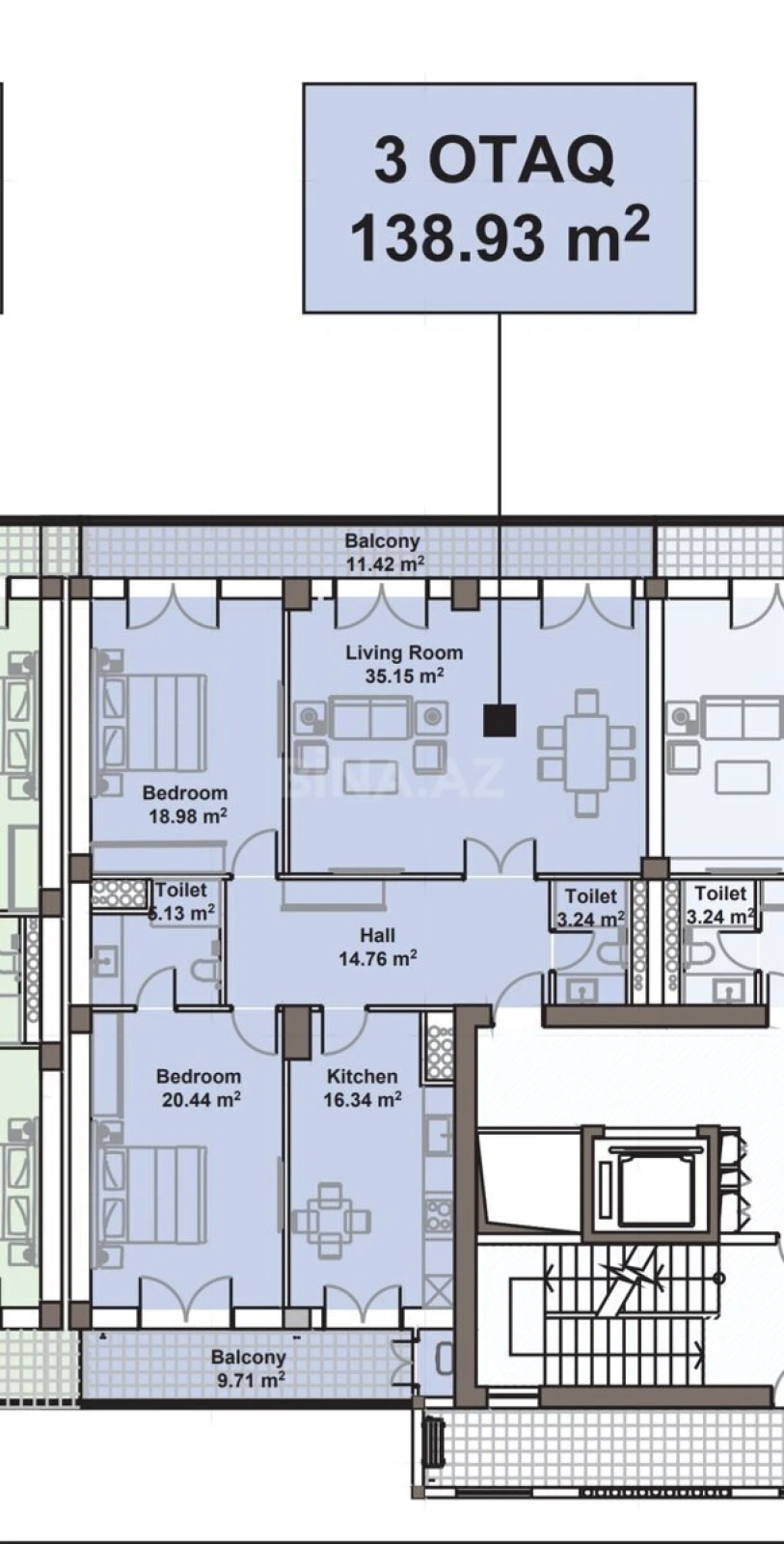 Satılır 3 otaqlı mənzil 139 m²