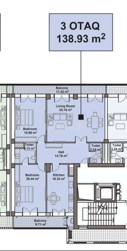 Satılır 3 otaqlı mənzil 139 m²