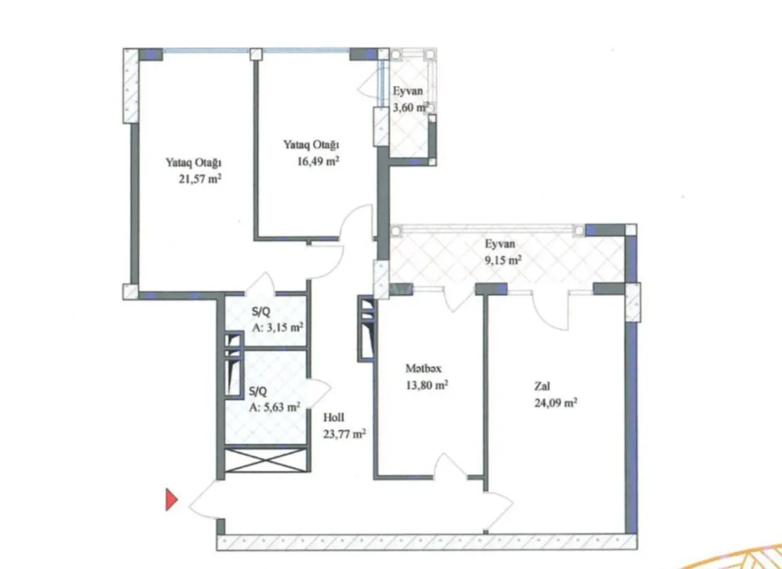 Satılır 3 otaqlı mənzil 121 m²