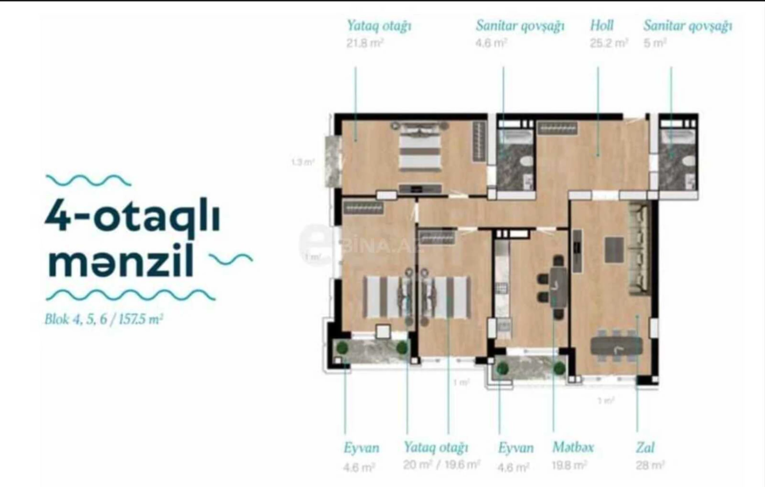 Satılır 4 otaqlı mənzil 157.5 m²