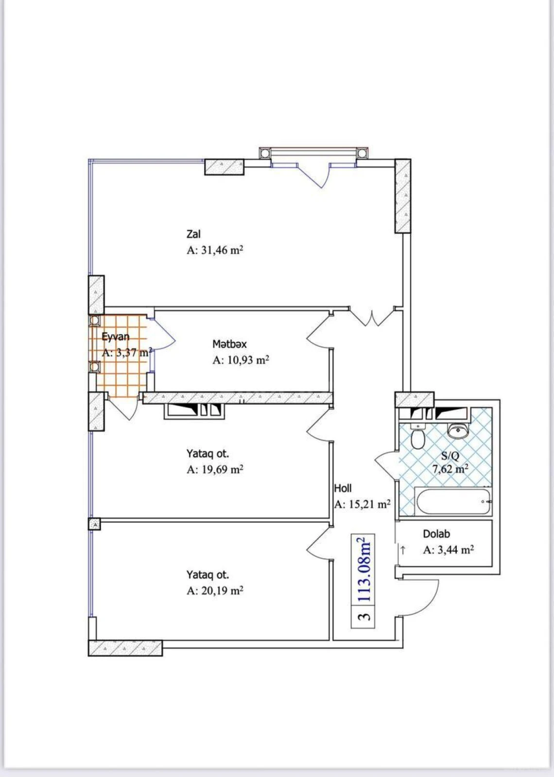 Satılır 3 otaqlı mənzil 113 m²