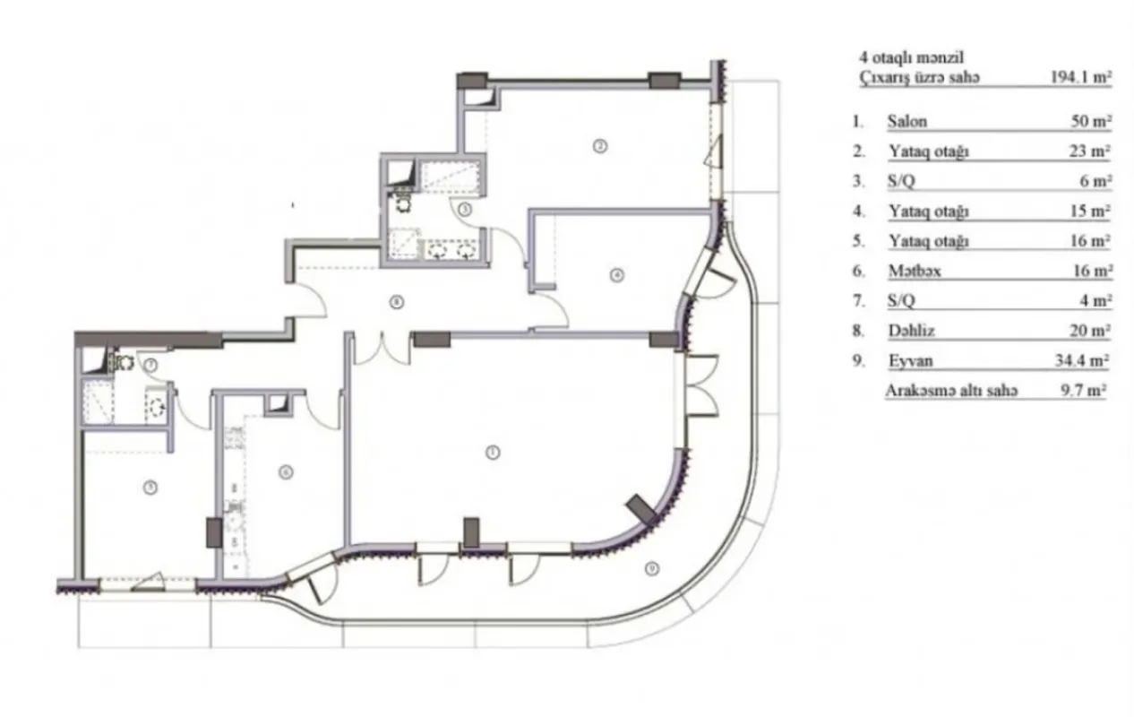 Satılır 4 otaqlı mənzil 194 m²