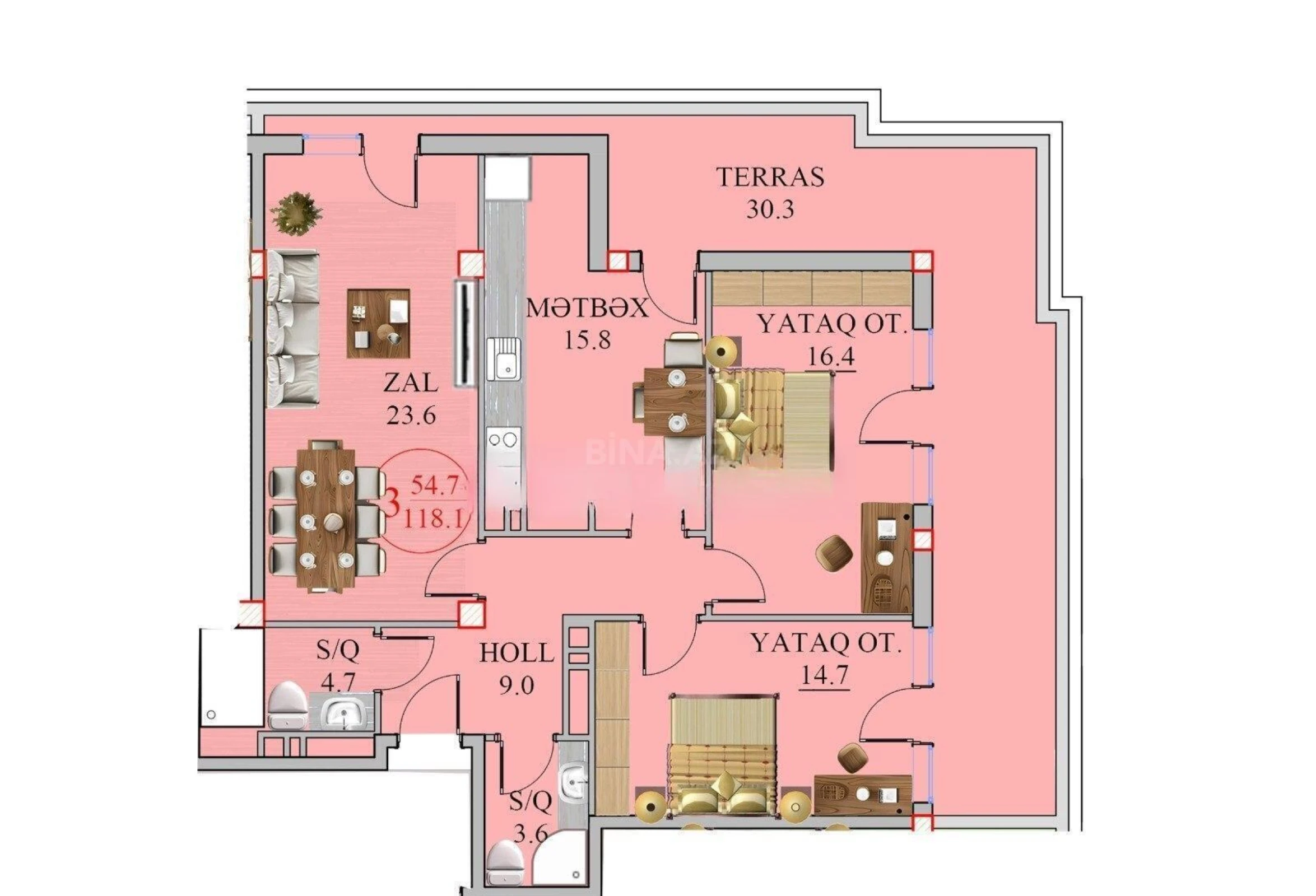 Satılır 3 otaqlı mənzil 118 m²