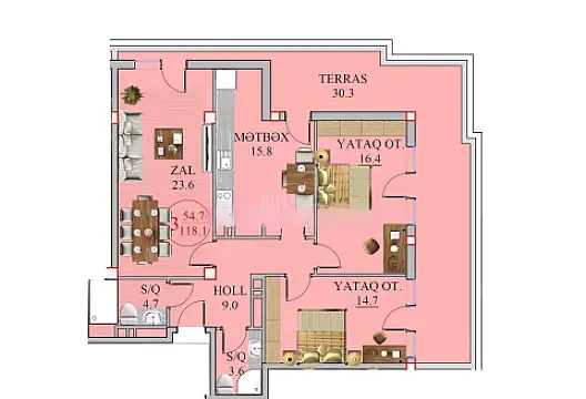 Satılır 3 otaqlı mənzil 118 m²