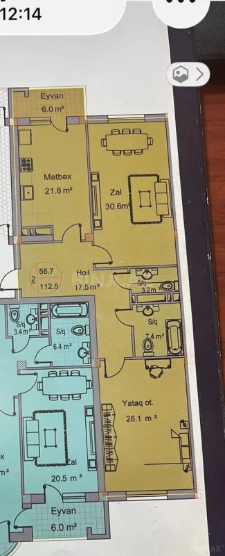 Satılır 2 otaqlı mənzil 112.5 m²