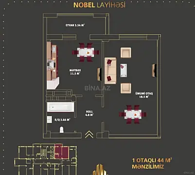 Satılır 1 otaqlı mənzil 44 m²