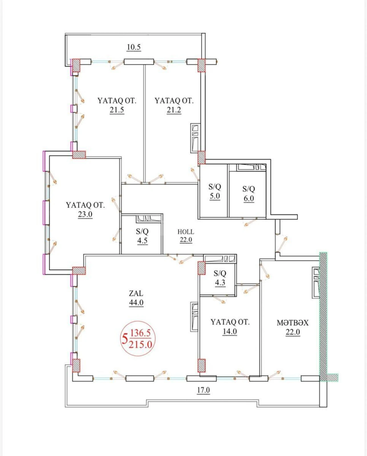 Satılır 5 otaqlı mənzil 215 m²