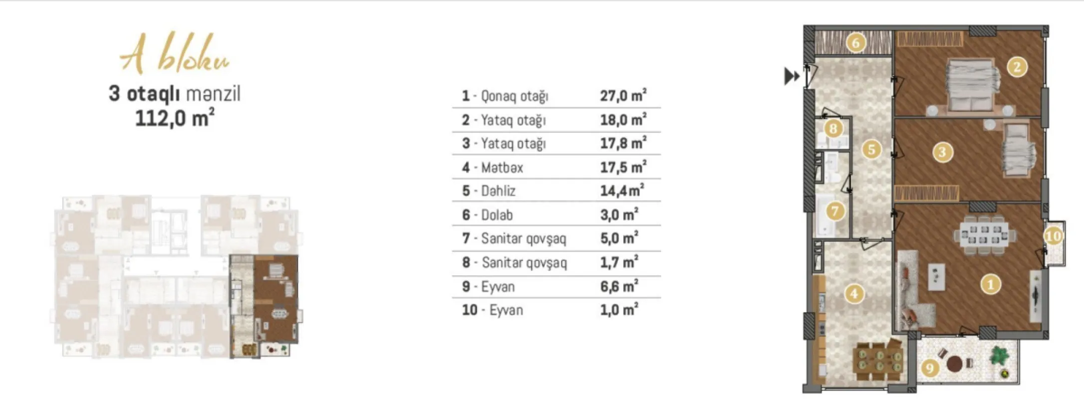 Satılır 3 otaqlı mənzil 112 m²