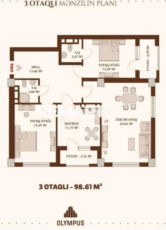 Satılır 3 otaqlı mənzil 99 m²