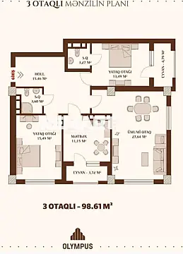 Satılır 3 otaqlı mənzil 99 m²
