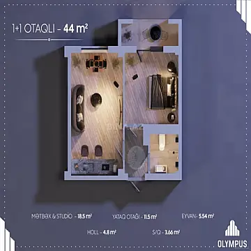 Satılır 2 otaqlı mənzil 44 m²