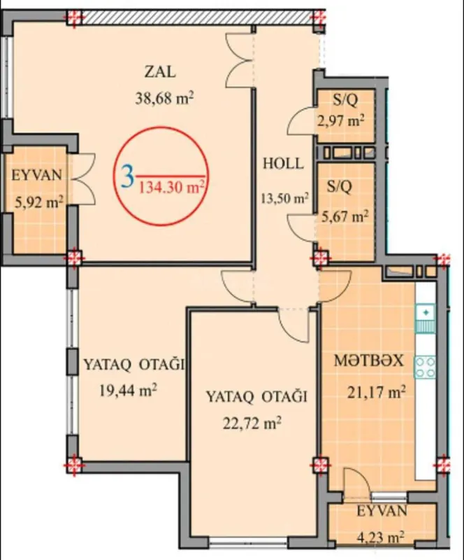 Satılır 3 otaqlı mənzil 134.3 m²