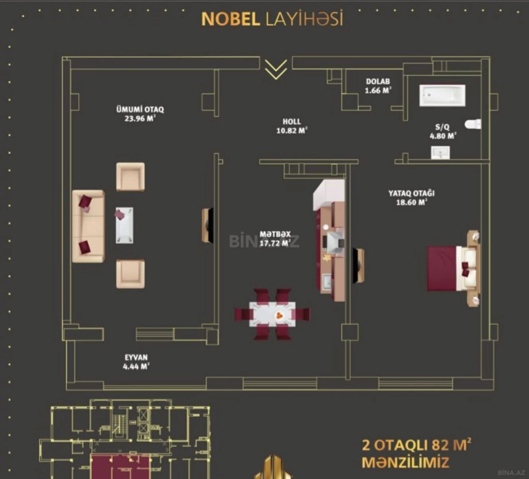 Satılır 2 otaqlı mənzil 82 m²