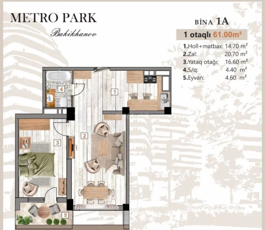 Satılır 2 otaqlı mənzil 61 m²