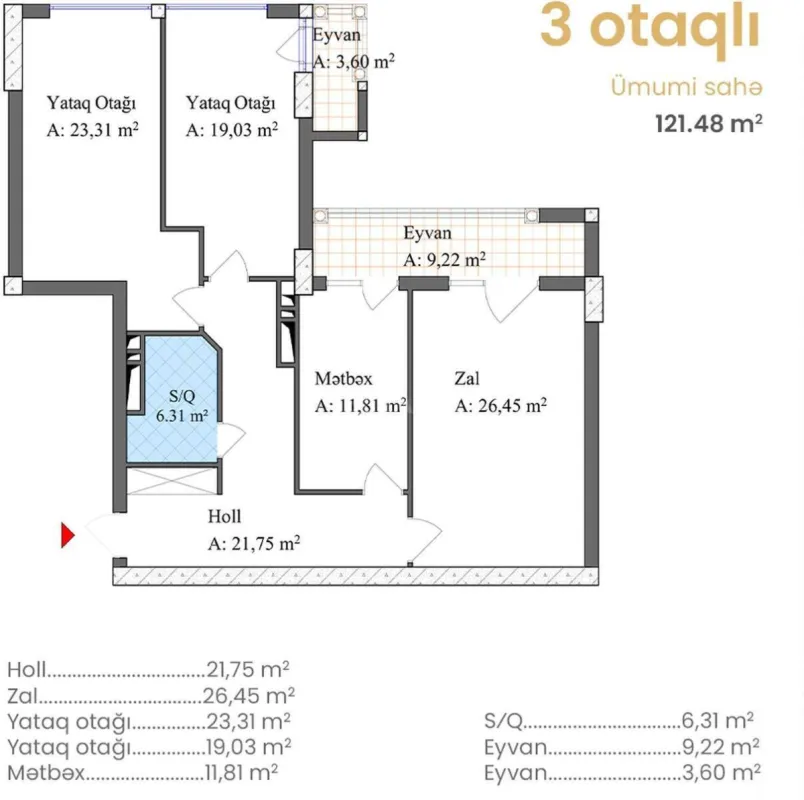 Satılır 3 otaqlı mənzil 121.5 m²