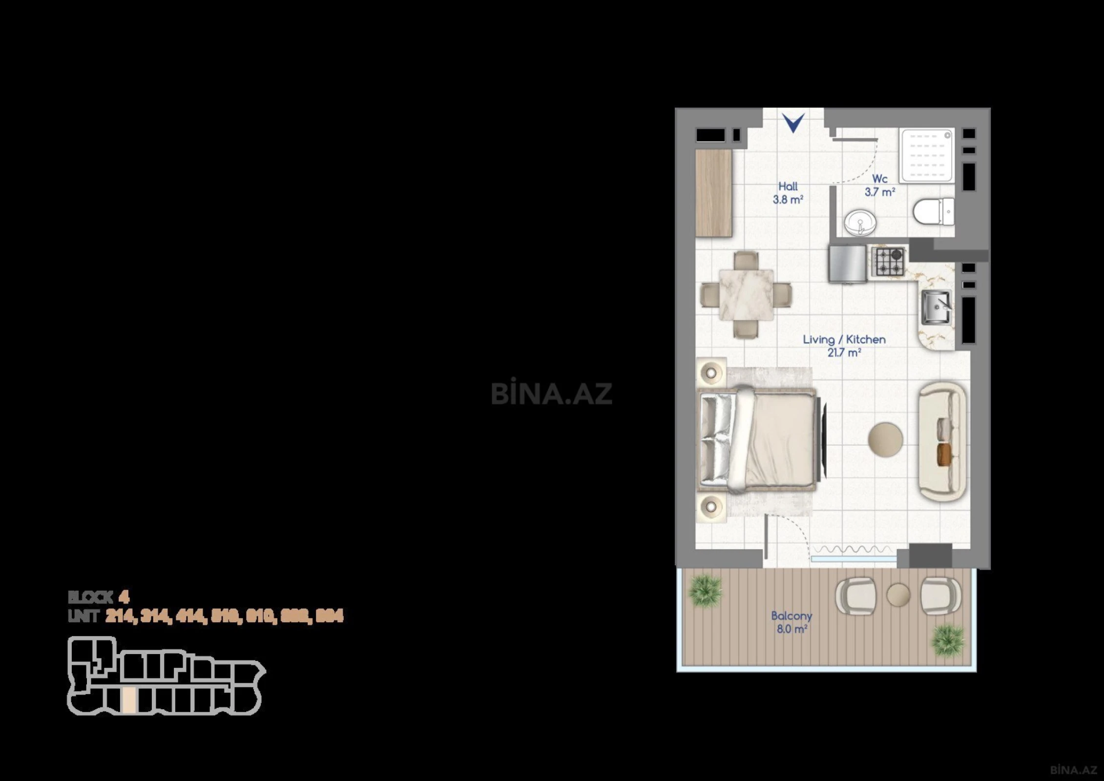 Satılır 1 otaqlı mənzil 44.6 m²