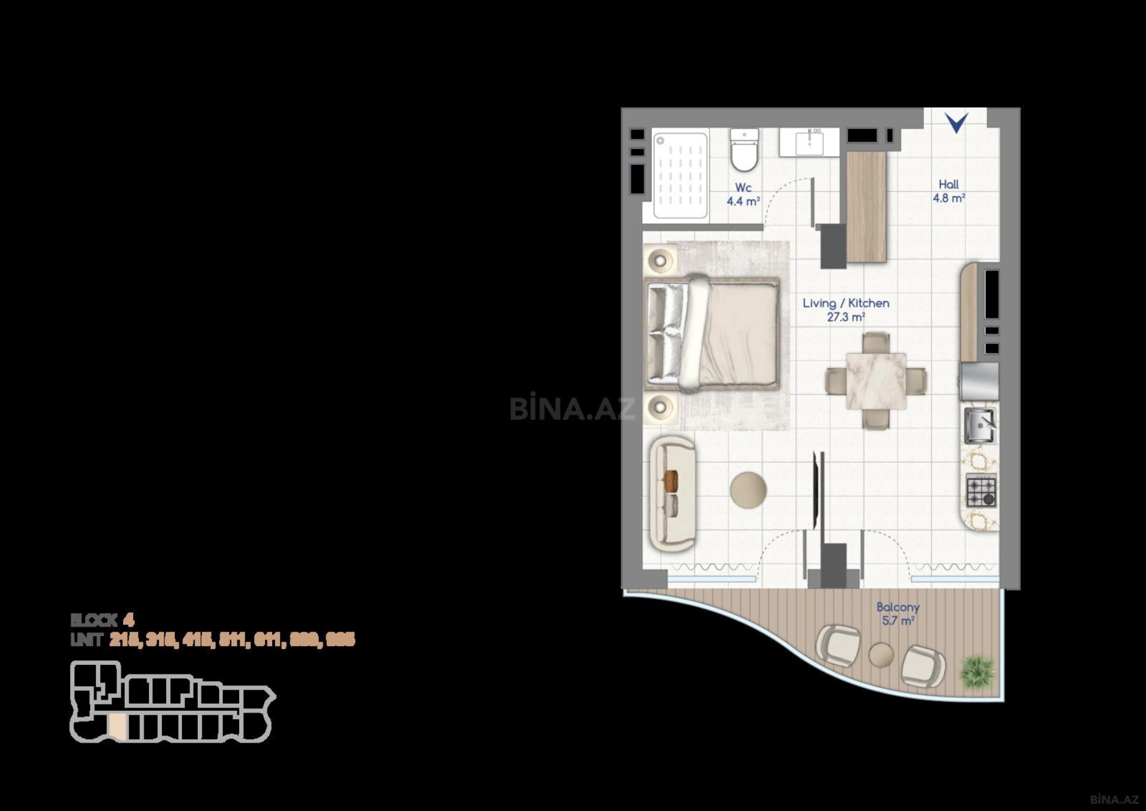 Satılır 1 otaqlı mənzil 50.7 m²