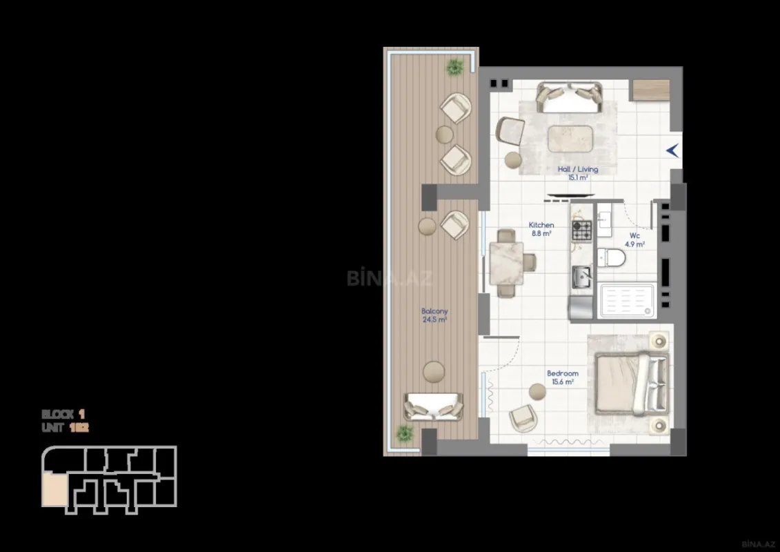 Satılır 1 otaqlı mənzil 83 m²