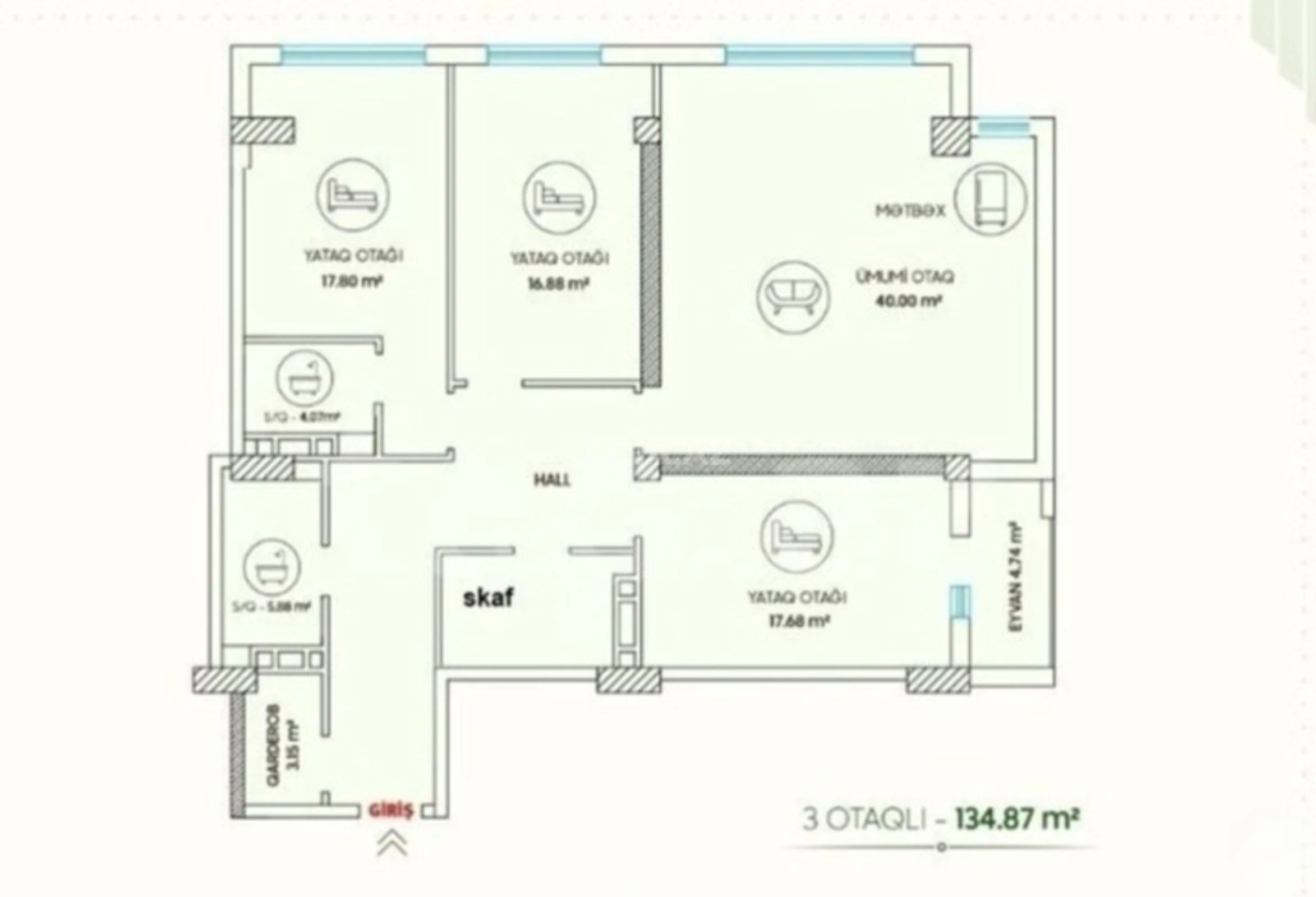 Satılır 3 otaqlı mənzil 134.8 m²